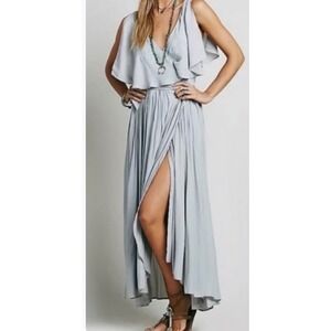 Free People Fiona Wrap Maxi Dress Blue Grey Embroidered Flutter Sleeve M Flowy
